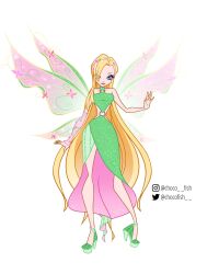 1girl absurdly_long_hair alternate_costume arm_warmers asymmetrical_dress bad_id bad_twitter_id bare_shoulders believix blonde_hair blue_eyes bracelet chocofish closed_mouth collarbone commentary cornelia_hale dress eyelashes eyes_visible_through_hair eyeshadow fairy fairy_wings floral_print flower full_body glitter gradient_wings green_dress green_hairband green_nails green_shoes green_wings hair_over_one_eye hairband high_heels highres instagram jewelry lipstick long_dress long_hair looking_at_viewer magical_girl makeup multicolored_wings nail_polish navel o-ring outstretched_arm oversized_wings pink_arm_warmers pink_dress pink_eyeshadow pink_flower pink_wings red_lips shoes side_slit simple_background single_arm_warmer single_bang single_bare_arm sleeveless sleeveless_dress smile solo standing stiletto_heels striped_clothes striped_footwear transparent_wings twitter_username two-sided_dress two-sided_fabric two-tone_wings vertical-striped_footwear very_long_hair w.i.t.c.h. watermark wavy_hair white_background wings winx_club