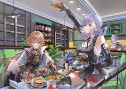 black_gloves blonde_hair burger cake cheese cup cupboard flower food fork fried_egg girls&#039;_frontline girls&#039;_frontline_2:_exilium gloves groza_(girls&#039;_frontline_2) highres ice_cream ots-14_(girls&#039;_frontline) parfait peritya_(girls&#039;_frontline_2) pizza planet sabrina_(girls&#039;_frontline_2) spas-12_(girls&#039;_frontline) watermark weibo_watermark