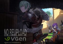 armor barrel black_armor box cleaning cleaning_sword female_shez_(fire_emblem) fire_emblem fire_emblem:_three_houses fire_emblem_warriors:_three_hopes green_eyes green_hair highres male_byleth_(enlightened)_(fire_emblem) male_byleth_(fire_emblem) meansary nintendo purple_eyes purple_hair rust