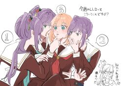 5girls ^^^ aqua_eyes aqua_neckerchief blush brown_dress cerise_bouquet clone_harem commentary cup dress flower green_eyes hair_bun hair_flower hair_intakes hair_ornament hand_on_another&#039;s_chin harem hasu_no_sora_school_uniform highres hinoshita_kaho holding holding_cup link!_like!_love_live! lone_nape_hair long_hair long_sleeves looking_at_another love_live! medium_hair multiple_girls multiple_persona neckerchief nose_blush open_mouth orange_hair otomune_kozue parted_lips red_flower red_neckerchief sailor_collar sailor_dress school_uniform side_ponytail sidelocks simple_background single_side_bun speech_bubble surrounded tassel tassel_hair_ornament teacup time_paradox translation_request two_side_up virtual_youtuber white_background white_sailor_collar winter_uniform yuri zuisetsu