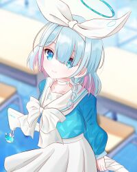 1girl absurdres aqua_halo arona_(blue_archive) blue_archive blue_eyes blue_hair blue_shirt blurry blurry_background bow bow_hairband bowtie braid charm_(object) chinese_commentary choker classroom collarbone colored_inner_hair commentary_request day desk edgar00 from_above gun hair_over_one_eye hairband halo head_tilt highres holding holding_weapon indoors long_hair long_sleeves looking_at_viewer multicolored_hair pink_hair pleated_skirt puffy_long_sleeves puffy_sleeves rifle sailor_collar school_desk shirt single_braid skirt smile sniper_rifle solo two-tone_hair weapon white_bow white_bowtie white_choker white_hairband white_sailor_collar white_skirt