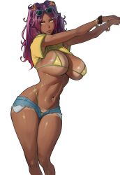 1girl absurdres beuto bikini bleach bracelet brazil breasts dark-skinned_female dark_skin denim denim_shorts eyewear_on_head flower hair_flower hair_ornament highleg highleg_bikini highres jewelry large_breasts lips long_hair micro_shorts navel_piercing piercing purple_hair shihouin_yoruichi shorts sunglasses swimsuit tan tanline yellow_eyes