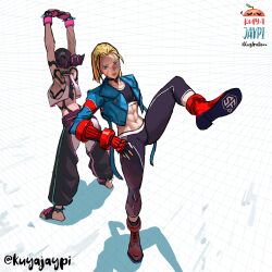 2girls absurdres artist_name black_choker blonde_hair blue_eyes bracelet braid cammy_white choker collar commentary english_commentary fingerless_gloves gloves hair_horns han_juri highres jewelry kuya_jaypi multiple_girls short_hair spiked_anklet spiked_bracelet spiked_collar spikes standing standing_on_one_leg street_fighter street_fighter_6 stretching twitter_username