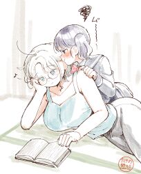 2girls absurdres age_difference black_hair blush book breasts colored_eyelashes glasses highres large_breasts looking_at_another lying multiple_girls on_side onee-loli original school_uniform takeno_(takenoo2) translation_request white_hair yuri