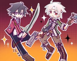 Rule 34 | 2boys, ahoge, black hair, boots, crow armbrust, double-parted bangs, dual wielding, eiyuu densetsu, gradient background, hair between eyes, headband, highres, holding, holding sword, holding weapon, jacket, katana, looking at viewer, multiple boys, necktie, open mouth, parted bangs, pommel tassel, purple eyes, puyopuyo, rean schwarzer, red eyes, school uniform, sen no kiseki (series), sen no kiseki i, simple background, smile, sparkle background, sword, thors military academy class vii uniform, thors military academy school uniform, weapon, white hair, white headband, whiteout zero