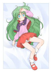 1girl arm_up ayanokouji_rem bed_sheet blue_eyes blush capelet dream_hunter_rem full_body gluteal_fold green_hair hand_on_own_head highres long_hair lying miniskirt on_back panties pink_shirt purple_capelet red_shoes red_skirt sheet_grab shirt shoes skirt socks solo thighs underwear white_panties white_socks zangetsumaru