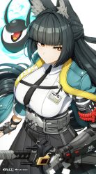 1girl animal_ear_fluff animal_ears aqua_jacket black_hair black_necktie black_skirt blunt_bangs collared_shirt cowboy_shot eyeball fingerless_gloves fox_ears fox_girl gauntlets gloves high-waist_skirt highres holding holding_sword holding_weapon hoshimi_miyabi jacket katana kellzallday long_hair necktie open_clothes open_jacket red_eyes shirt single_fingerless_glove single_gauntlet skirt sword tailless_(zenless_zone_zero) weapon white_shirt zenless_zone_zero