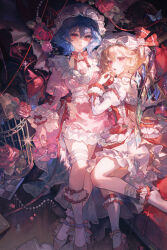 2girls ankle_bow ankle_ribbon bad_source blonde_hair blue_hair blush bobby_socks bow breasts crystal dress facing_viewer finger_to_mouth flandre_scarlet flower frilled_socks frills full_body gem hair_between_eyes hair_bow hair_flower hair_ornament hat high_heels highres leaning_on_person leg_belt leg_ribbon long_bangs long_sleeves looking_at_viewer looking_to_the_side maccha_(mochancc) mob_cap multicolored_wings multiple_girls necktie open_mouth pink_dress puffy_sleeves red_bow red_dress red_eyes red_flower red_rose remilia_scarlet ribbon rose shadow siblings sisters sitting skirt skirt_set smile socks touhou white_socks wings
