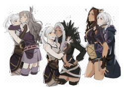 4girls ? aversa_(fire_emblem) blush brown_hair coat dark-skinned_female dark_skin dotted_background dress facial_mark feather_hair_ornament feathers female_robin_(fire_emblem) fire_emblem fire_emblem_awakening hair_ornament highres hug hug_from_behind long_hair long_sleeves multiple_girls musical_note nintendo panne_(fire_emblem) seirorath shirt sleeveless sleeveless_shirt sumia_(fire_emblem) thighhighs twintails white_hair yuri