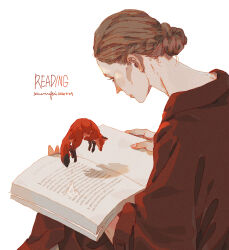 absurdres blush braid braided_bun brown_hair colored_extremities commentary dated english_commentary english_text fake_text fox french_text hair_bun highres jacket jumping jumping_from_page long_eyelashes looking_down nose_blush original pale_skin reading red_fox red_jacket shadow signature simple_background sitting surreal undersized_animal water white_background xi_zhang