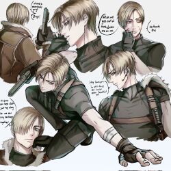 Rule 34 | 1boy, black gloves, black pants, black shirt, black shoes, blonde hair, blood, blood on face, blue eyes, brown jacket, closed mouth, commentary, covered collarbone, english commentary, english text, fingerless gloves, foot out of frame, from behind, fur-trimmed jacket, fur trim, gloves, gun, hair over one eye, hand up, handgun, hashtag-only commentary, henoopd, highres, holding, holding gun, holding weapon, jacket, leon s. kennedy, looking at viewer, male focus, microphone, pants, parted lips, portrait, profile, resident evil, resident evil 4, resident evil 4 (remake), shirt, shoes, short hair, simple background, upper body, weapon, white background