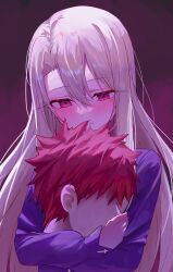 1boy 1girl absurdres emiya_shirou fate/stay_night fate_(series) grey_hair highres holding_detached_head illyasviel_von_einzbern jacket kaze_22 long_hair purple_jacket red_eyes severed_head smile upper_body
