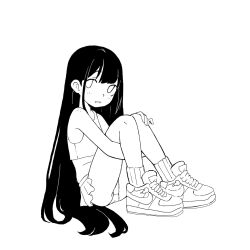 Rule 34 | 1girl, bare shoulders, body freckles, crop top, female focus, freckles, full body, hand on own chin, highres, hugging own legs, knees up, long hair, looking at viewer, miniskirt, monochrome, original, panties, pantyshot, pleated skirt, qtkat, shirt, shoes, sidelocks, sitting, skirt, sleeveless, sleeveless shirt, smile, sneakers, solo, tank top, teeth, thighs, underwear, very long hair