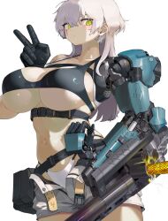 1girl absurdres belt belt_pouch black_gloves breasts collarbone gloves green_eyes highres huge_breasts joints looking_at_viewer medium_hair original partially_unzipped pouch prosthesis prosthetic_arm robot_joints scar scar_across_eye scar_on_face short_shorts shorts single_glove solo sweatdrop v white_hair yunimaru