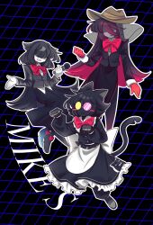 3girls :3 absurdres alternate_costume animal_ears animal_print apron arms_up back_bow belt black_dress black_gloves black_hair black_jacket black_pants black_shirt black_skin black_skirt blouse blush_stickers bow bowtie buttons cat_ears cat_girl cat_mike_(deltarune) cat_tail character_name clenched_hands collared_shirt colored_skin cowboy_hat cowboy_hat_mike_(deltarune) cropped_jacket deltarune dress dress_shirt dress_shoes enmaided flipped_hair frilled_shirt_collar frilled_skirt frills genderswap genderswap_(mtf) glasses gloves grey_shirt grey_skin grid_background hair_between_eyes hair_over_eyes hand_up hat highres holding holding_microphone humanization jacket large_bow long_bangs long_hair long_skirt long_sleeves maid maid_apron microphone midair multicolored_hair multiple_girls net no_eyes open_mouth outline pants pants_under_skirt paw_pose pink-tinted_eyewear priswocaer red_bow red_bowtie red_gloves red_streaks round_eyewear shaded_face shirt short_hair shrugging sidelocks simple_background skirt small_mike_(deltarune) smile suit_jacket tail teeth tinted_eyewear two-tone_background two-tone_eyewear two-tone_hair variant_set white_apron white_bow white_gloves white_outline white_shirt white_wrist_cuffs wrist_cuffs yellow-tinted_eyewear