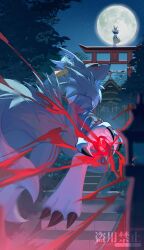 Rule 34 | absurdres, black sclera, blue eyes, claws, colored sclera, digimon, digimon (creature), energy, full moon, highres, jumping, looking at another, moon, moonlight, night, night sky, renamon, renamon x-antibody, rope, shide, shimenawa, shrine, sky, stairs, tail, torii, tree, watermark, white fur, wwukuai, yellow fur