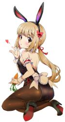 Rule 34 | 1girl, animal ears, arm garter, ass, black leotard, blush, brown eyes, carrot, fake animal ears, full body, heart, high heels, highres, idolmaster, idolmaster cinderella girls, leotard, light brown hair, long hair, looking at viewer, looking back, low ponytail, michii yuuki, pantyhose, parted lips, playboy bunny, ponytail, rabbit ears, solo, wrist cuffs, yorita yoshino