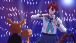 1boy 1girl blue_neckerchief blue_sailor_collar blue_skirt closed_eyes cosplay cowboy_shot crossdressing dancing deer deer_girl dinosaur_boy dinosaur_tail ginfutsuu glowstick highres hino_minami_high_school_uniform holding holding_mallet holostars holostars_english jurard_t_rexford koshi_torako koshi_torako_(cosplay) mallet meme neckerchief penlight_(glowstick) red_hair sailor_collar school_uniform serafuku shikairo_days shikairo_days_dance_(meme) shikamane shikanoko_nokonoko_koshitantan skirt tail virtual_youtuber