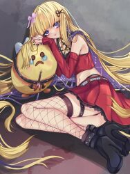 Rule 34 | 1girl, absurdres, amanogawa shiina, belt, black nails, black shoes, blush, colored inner hair, fishnet thighhighs, fishnets, guitar, high heels, highres, holding, holding guitar, holding instrument, instrument, long hair, marnhilson, midriff, multicolored hair, navel, parted lips, phase connect, pleated skirt, purple eyes, purple hair, red skirt, sad bee (amanogawa shiina), scissors hair ornament, shoes, skirt, thigh strap, thighhighs, twitter username, virtual youtuber, white belt