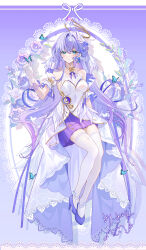 1girl alternate_costume bare_shoulders blue_flower blue_hair blue_rose bracelet bug butterfly closed_mouth detached_sleeves dress face_jewel flower full_body gloves hair_flower hair_ornament halo head_wings high_heels highres honkai:_star_rail honkai_(series) insect jewel_under_eye jewelry long_hair miaogujun purple_shoes purple_skirt robin_(honkai:_star_rail) rose shoes short_sleeves signature sitting skirt smile solo thighhighs white_dress white_gloves white_thighhighs wings zettai_ryouiki