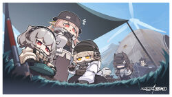 Rule 34 | 6+girls, :3, :p, absurdres, anger vein, armored personnel carrier, armored vehicle, beanie, binoculars, black hair, black hat, blonde hair, brown hair, callsign: cedar, chibi, chinese commentary, claudia (callsign: cedar), closed eyes, dark-skinned female, dark skin, dog tags, ear protection, elena (callsign: cedar), explosive, gloves, grey hair, hat, highres, jacket, jitome, karin (callsign: cedar), kerbel (callsign: cedar), lisa (callsign: cedar), long sleeves, mia (callsign: cedar), military, military vehicle, mine (weapon), motor vehicle, multiple girls, notice lines, official art, open mouth, outdoors, pink hair, pointy ears, red eyes, shovel, sky, smile, tongue, tongue out, white hair, white jacket, wind turbine, windmill, yellow eyes