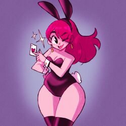 Rule 34 | 1girl, bare shoulders, breasts, card, colored skin, commentary, ear piercing, highres, holding, holding card, julianvanbores, leotard, one eye closed, open mouth, original, piercing, pink skin, playboy bunny, smile, solo, spanish commentary, teeth, tongue, upper teeth only