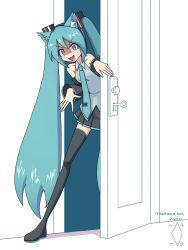 1girl :3 :d animal_ear_fluff animal_ears aqua_eyes aqua_hair aqua_nails aqua_necktie artist_logo artist_name bare_shoulders black_boots black_skirt black_sleeves boots cat_ears collared_shirt commentary dated detached_sleeves digiral doorway english_commentary evil_smile grey_shirt hair_ornament hands_up hatsune_miku headphones highres kemonomimi_mode key logo long_hair long_legs long_sleeves looking_at_viewer miniskirt nail_polish necktie open_door open_mouth pleated_skirt shaded_face shirt skirt sleeveless sleeveless_shirt smile solo standing thigh_boots thighhighs tom_and_jerry twintails v-shaped_eyebrows very_long_hair vocaloid white_background zettai_ryouiki