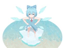 1girl absurdres ahoge barefoot bilingual_commentary blue_bow blue_dress blue_eyes blue_hair bow chinese_commentary cirno cirno_day closed_mouth collared_dress commentary_request dress eyebrows_hidden_by_hair eyelashes flat_chest from_above full_body hair_between_eyes hair_bow hands_on_own_hips highres ice ice_wings looking_at_viewer mixed-language_commentary neck_ribbon on_ice partial_commentary red_ribbon ribbon short_hair sleeveless sleeveless_dress smile solo standing touhou v-shaped_eyebrows water white_background wind wind_lift wings yumu_(14946794)