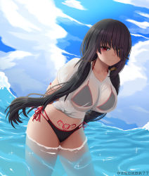 1girl absurdres arms_behind_back artist_name backlighting bikini bikini_under_clothes black_bikini black_hair breasts cleavage cowboy_shot date_a_live hair_ornament hair_over_one_eye hand_on_arm heterochromia highres holding_own_arm large_breasts leaning_forward long_bangs long_hair looking_at_viewer low_twintails nail_polish navel ocean outdoors pubic_tattoo red_eyes red_nails see-through_clothes shirt side-tie_bikini_bottom sideboob smile solo sunlight swimsuit swimsuit_under_clothes tattoo thighs tokisaki_kurumi twintails underboob very_long_hair wading watermark wet wet_clothes wet_shirt white_shirt yellow_eyes zedxbr