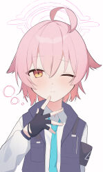 1girl absurdres aqua_necktie armband black_armband black_gloves blue_archive blue_vest blush commentary fingerless_gloves gloves halo highres hoshino_(blue_archive) hoshino_(first_year)_(blue_archive) necktie one_eye_closed pink_hair purple_halo shirt short_hair simple_background sukasusu_51te vest white_background white_shirt yellow_eyes
