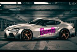 car commission graffiti highres indoors letterboxed motor_vehicle no_humans nougat_(no_9ada) original shadow sports_car toyota toyota_supra toyota_supra_mk_v vehicle_focus warehouse