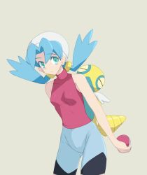 1girl blue_hair breasts closed_mouth collarbone commentary_request dunsparce flipped_hair gen_2_pokemon green_eyes grey_shorts haloh hat highres holding holding_poke_ball kris_(pokemon) long_hair looking_at_viewer nintendo poke_ball poke_ball_(basic) pokemon pokemon_(creature) pokemon_gsc pokemon_on_back shirt shorts simple_background sleeveless sleeveless_shirt twintails