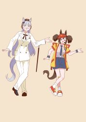 2girls =_= absurdres alternate_costume breasts brown_hair cane closed_eyes colonel_sanders colonel_sanders_(cosplay) cosplay flower full_body glasses gold_ship_(umamusume) grey_hair highres holding holding_cane imadake_dabuchi_tabemi imadake_dabuchi_tabemi_(cosplay) inari_one_(umamusume) jacket kfc long_hair mcdonald&#039;s medium_breasts multiple_girls open_mouth petoka shorts simple_background standing umamusume