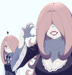 2girls absurdres breasts cleavage dress fingernails hair_over_eyes hair_over_one_eye highres large_breasts little_witch_academia long_fingernails luna_nova_school_uniform mother_and_daughter mrs._manbavaran multiple_girls pale_skin pink_hair pink_nails purple_dress school_uniform sharp_teeth sucy_manbavaran teeth thenomade123