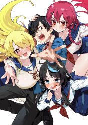 1boy 3girls :3 arataka_mimi bags_under_eyes black_eyes black_hair black_pants blonde_hair blue_eyes blue_hair blue_jacket blue_shorts blue_skirt blush braid breasts cmyk:_sameda_kazuou_wa_chuunibyou_ga_naosenai commentary_request finger_to_mouth foreshortening hair_over_one_eye hair_over_shoulder hand_on_another&#039;s_head highres ikezaki_shian jacket koba large_breasts long_hair long_sleeves looking_at_viewer low_twintails micro_shorts multicolored_hair multiple_girls one_eye_covered open_mouth pants pink_hair purple_eyes reaching reaching_towards_viewer red_eyes sameda_kazuou school_uniform serafuku shirt short_hair shorts side_braid simple_background skirt smile streaked_hair tasogare_kiiro twintails v-shaped_eyebrows wavy_mouth white_background white_shirt