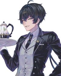 1boy alternate_costume black_hair black_jacket black_necktie butler collared_shirt commentary english_commentary gloves grey_vest holding holding_tray jacket long_sleeves male_focus male_rover_(wuthering_waves) necktie nininininil open_clothes open_jacket parted_lips rover_(wuthering_waves) shirt simple_background smile solo tray upper_body vest white_background white_gloves white_shirt wuthering_waves yellow_eyes