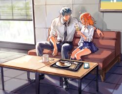 1boy 1girl ahoge alternate_costume belt black_belt black_footwear blue_pants blue_skirt blue_socks cake cake_slice cellphone closed_mouth collared_shirt couch cup disposable_cup drink drinking_straw eye_contact fate/grand_order fate_(series) food fork fujimaru_ritsuka_(female) grey_hair grey_necktie hair_between_eyes hair_down highres holding holding_cup holding_drink indoors kneehighs looking_at_another medium_hair mug necktie on_couch orange_eyes orange_hair pants phone plate pleated_skirt saitou_hajime_(fate) sharing_food shirt shoes short_hair sitting skirt three-quarter_sleeves sleeves_rolled_up smartphone socks starbucks table tile_floor tiles tray uni_(nico02) watch white_shirt window window_blinds wristwatch yellow_eyes