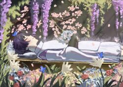 Rule 34 | 1boy, blue butterfly, blue flower, blunt ends, blush, bug, butterfly, butterfly on head, closed eyes, closed mouth, clothing cutout, eyelashes, eyeliner, eyeshadow, facing up, flower, from side, genshin impact, hand on own stomach, head on pillow, highres, insect, japanese clothes, kariginu, layered sleeves, leaf, lying, makeup, male focus, mik0chn, on back, outdoors, painterly, pelvic curtain, pillow, pink flower, purple flower, purple hair, purple sash, purple sleeves, red eyeliner, red eyeshadow, red flower, sash, scaramouche (genshin impact), scaramouche (kabukimono) (genshin impact), shorts, shoulder cutout, solo, three-quarter sleeves, twitter username, unconscious, white flower, white shorts, white sleeves, wide sleeves, yellow flower