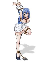 Rule 34 | 1girl, ball gag, bare arms, bare shoulders, bdsm, black background, blue eyes, blue hair, blush, bondage, bound, breast bondage, breasts, cleavage, detached sleeves, fairy tail, female focus, gag, juvia lockser, long hair, matching hair/eyes, miniskirt, simple background, sketchlanza, skirt, solo, standing, standing on one leg, strappado, thighhighs, white thighhighs, zettai ryouiki
