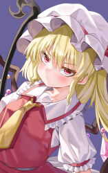 1girl :/ absurdres annoyed ascot blonde_hair blush breasts crystal_wings flandre_scarlet frown hair_between_eyes hat hat_ribbon highres laevatein_(touhou) long_hair mahoro_(minase_mahoro) red_eyes red_ribbon red_skirt red_vest ribbon shirt side_ponytail skirt small_breasts solo standing touhou unamused upper_body vest white_shirt wings yellow_ascot