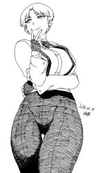 Rule 34 | 1girl, arm around waist, arm up, black gloves, black pants, bow, bowtie, collared shirt, cowboy shot, dated, facing viewer, fingerless gloves, forehead, gloves, gluteal fold, legs, long sleeves, looking to the side, monochrome, original, pants, shirt, short hair, signature, simple background, smile, standing, thigh gap, thighs, tsukudani (coke-buta), v, white background, white shirt