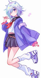1girl absurdres ahoge armband black_sailor_collar black_skirt closed_mouth commentary expressionless flat_chest full_body grey_horns hair_between_eyes hair_over_one_eye highres holding holding_pencil horns iridescent jacket long_bangs looking_at_viewer mahjong_soul neckerchief nito_(ninjin) open_clothes open_jacket pencil pentagram pink_nails pleated_skirt purple_eyes purple_jacket red_neckerchief sailor_collar school_uniform serafuku shirt shoes short_hair simple_background skirt small_horns sneakers socks solo suzumiya_anju white_background white_hair white_shirt white_shoes white_socks