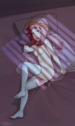 1girl bed blue_eyes blush breasts female_focus highres looking_at_viewer lying medium_breasts melody_(pokemon) navel nintendo nipples nude on_side open_mouth pillow pokemon pokemon_(anime) pussy pussy_juice red_hair roarke_(lavenderincubus) sex_toy short_hair solo tears thighhighs uncensored veil vibrator
