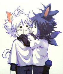 2boys ^_^ absurdres alternate_universe animal_ear_fluff animal_ears antenna_hair arms_at_sides bandana bandana_around_neck black_bandana black_eyes black_hair black_pants black_shirt brothers capelet cat_boy cat_ears cat_tail chara_(undertale) chinese_commentary closed_eyes closed_mouth colored_skin commentary_request cowboy_shot dot_nose face-to-face facing_another film_grain flipped_hair frisk_(undertale) from_behind hands_on_another&#039;s_cheeks hands_on_another&#039;s_face hands_up highres kemonomimi_mode layered_sleeves long_sleeves looking_at_another multiple_boys nishinianshaodehuanxi137 pants parted_lips rabbit_boy rabbit_ears rabbit_tail shirt short_hair short_over_long_sleeves short_sleeves siblings smile solid_circle_eyes tail undertale white_capelet white_hair white_shirt white_skin white_tail xtale