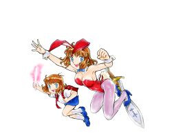 1girl age_comparison akai_takami bow bowtie breasts playboy_bunny child cleavage daicon daicon_33 daicon_bunny_girl daicon_iii daicon_iv dual_persona full_body looking_at_viewer official_art pantyhose promotional_art school_uniform surfing sword transparent_background weapon aged_down