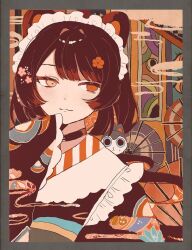 Rule 34 | 1girl, :3, animal ears, animal hair ornament, border, brown hair, brown kimono, choker, closed mouth, colored inner hair, dog ears, flower, frills, grey border, hair flower, hair ornament, hand to own mouth, hand up, hashtag-only commentary, heterochromia, inui toko, inui toko (1st costume), japanese clothes, kimono, light smile, long hair, looking at viewer, maid headdress, multicolored hair, nijisanji, oil-paper umbrella, orange hair, patterned hair, print kimono, red eyes, sleeves past fingers, sleeves past wrists, smoke, solo, two-tone hair, umbrella, upper body, virtual youtuber, wasabi natsume, white headdress, yellow eyes