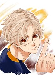 1boy blonde_hair blue_lock blue_shirt bunny_iglesias hand_up long_hair looking_at_viewer orange_eyes scar scar_on_face shirt simple_background smile soccer_uniform solo sportswear white_background