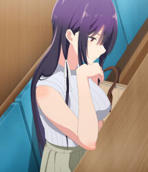 Rule 34 | 1girl, absurdres, anime screenshot, breasts, closed mouth, elbow rest, hair ribbon, haite kudasai takamine-san, head rest, highres, large breasts, long hair, profile, purple hair, red eyes, ribbon, shirt, shirt tucked in, sitting, skirt, sleeveless, sleeveless shirt, stitched, takamine takane, third-party edit, very long hair, white ribbon, white shirt