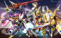2boys armor assault_visor cannon drill drill_tank full_armor full_powered_gridknight gattai glowing glowing_eye gridknight_(ssss.gridman) gridknight_calibur gridman_(ssss) gridman_universe gridman_universe_(film) gridman_universe_fighter helmet highres holding holding_sword holding_weapon horns mecha mechanical_wings multiple_boys no_humans non-humanoid_robot open_hand open_hands robot robot_animal rogue_kaiser_gridman science_fiction shimashun shoulder_cannon ssss.dynazenon ssss.gridman super_robot sword tail tokusatsu v-fin weapon wheel wings yellow_eyes