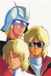 1980s_(style) 3boys angry artist_request blonde_hair blue_eyes casval_rem_deikun char_aznable eye_mask grin gundam helmet highres key_visual looking_at_viewer military_uniform mobile_suit_gundam mullet multiple_boys official_art oldschool portrait promotional_art quattro_bajeena retro_artstyle scan science_fiction serious sideburns smile sunglasses traditional_media vest white_background zeon zeta_gundam